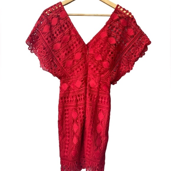 Lulus Mini Dress Coquette XS Lace Feminine Tomato Girl Cherry Red Flutter Sleeve - Picture 9 of 11